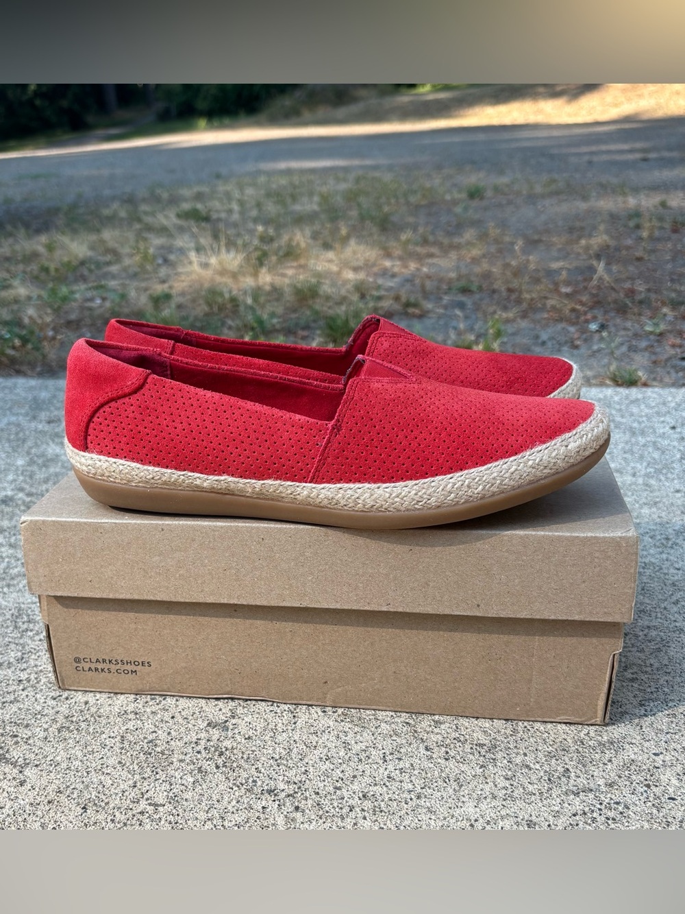 Clarks Danelly Sky Red Suede Espadrille Loafers Slip On 7.5 M New